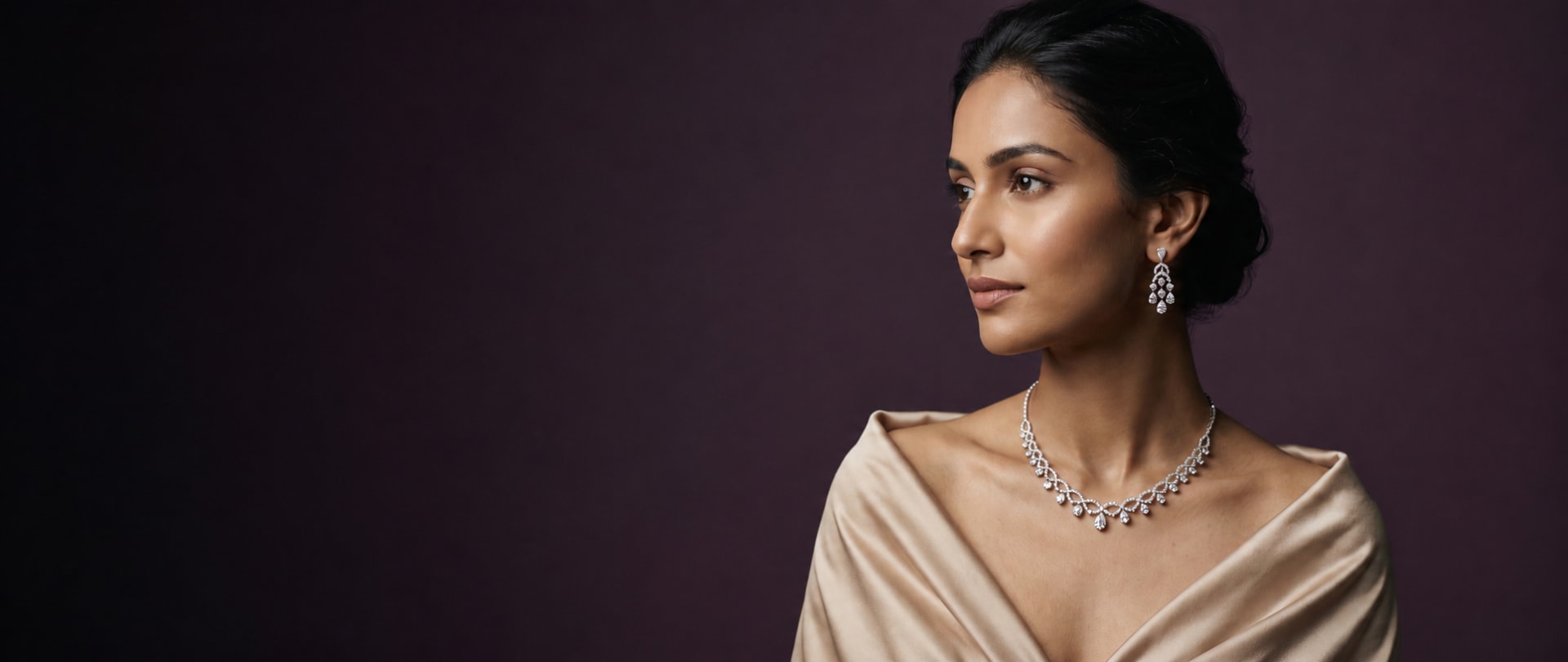 Lab grown diamond necklace and chandelier earrings in champagne silk