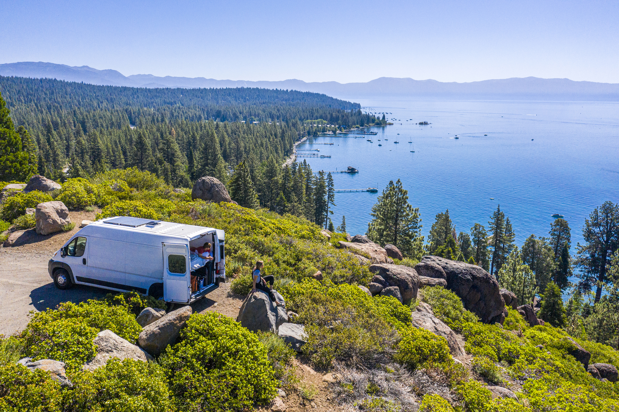 A family in their van RV in Lake Tahoe