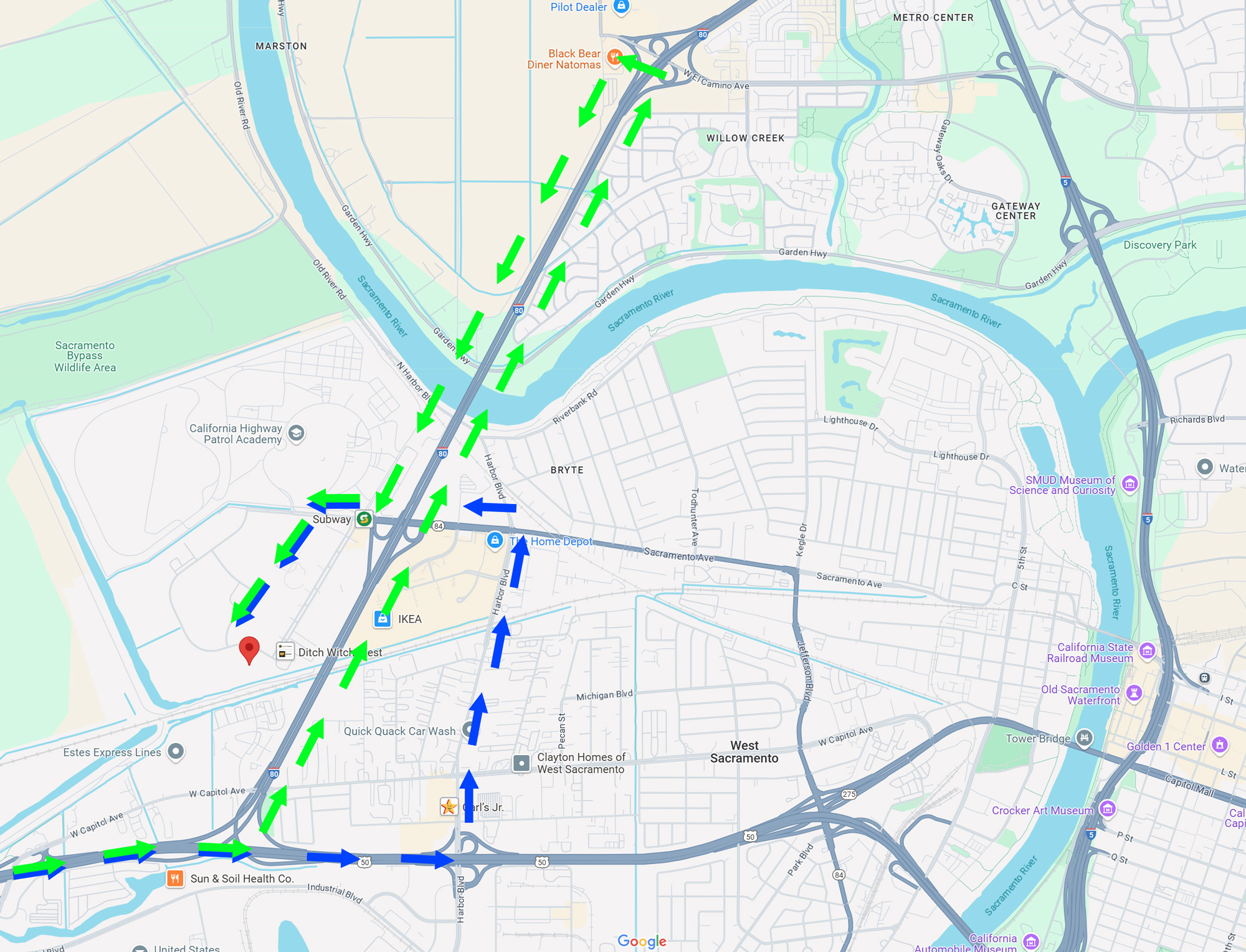 West Sacramento alternate route map