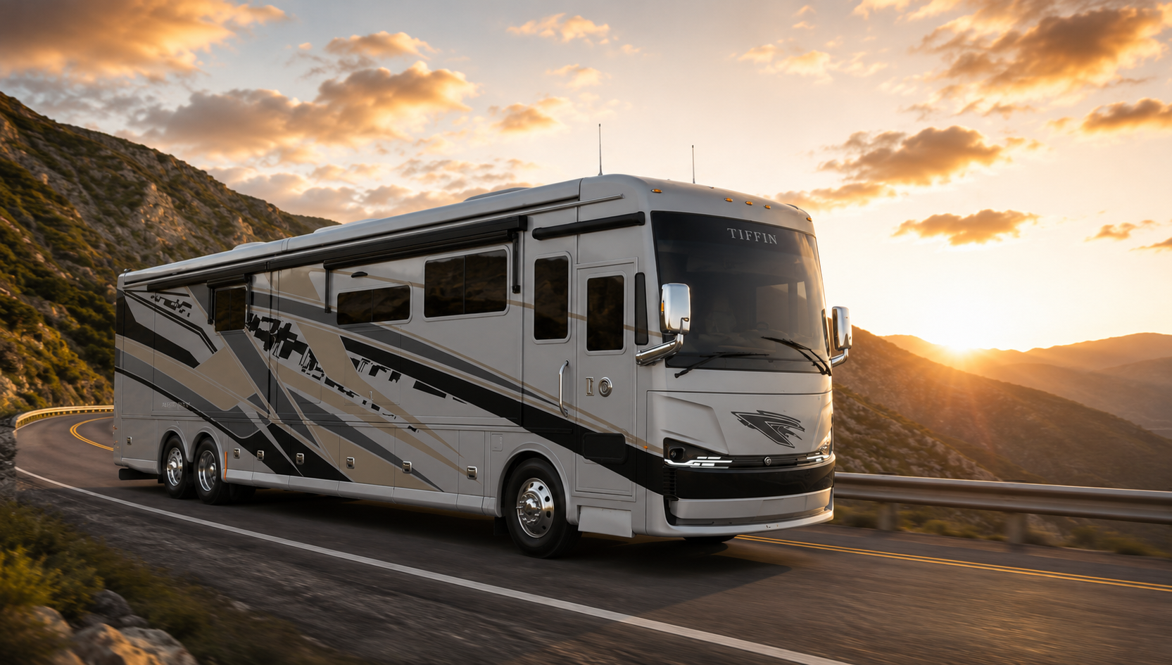 Tiffin luxury diesel motorhome traveling on the road