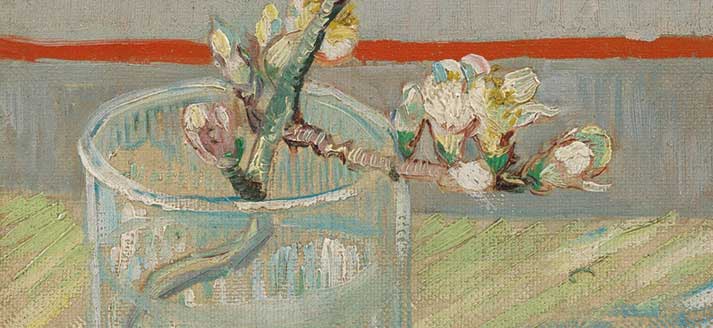 Vincent van Gogh schilderde in 1888 in Arles dit amandeltakje in een glas, terwijl buiten een dik pak sneeuw lag.