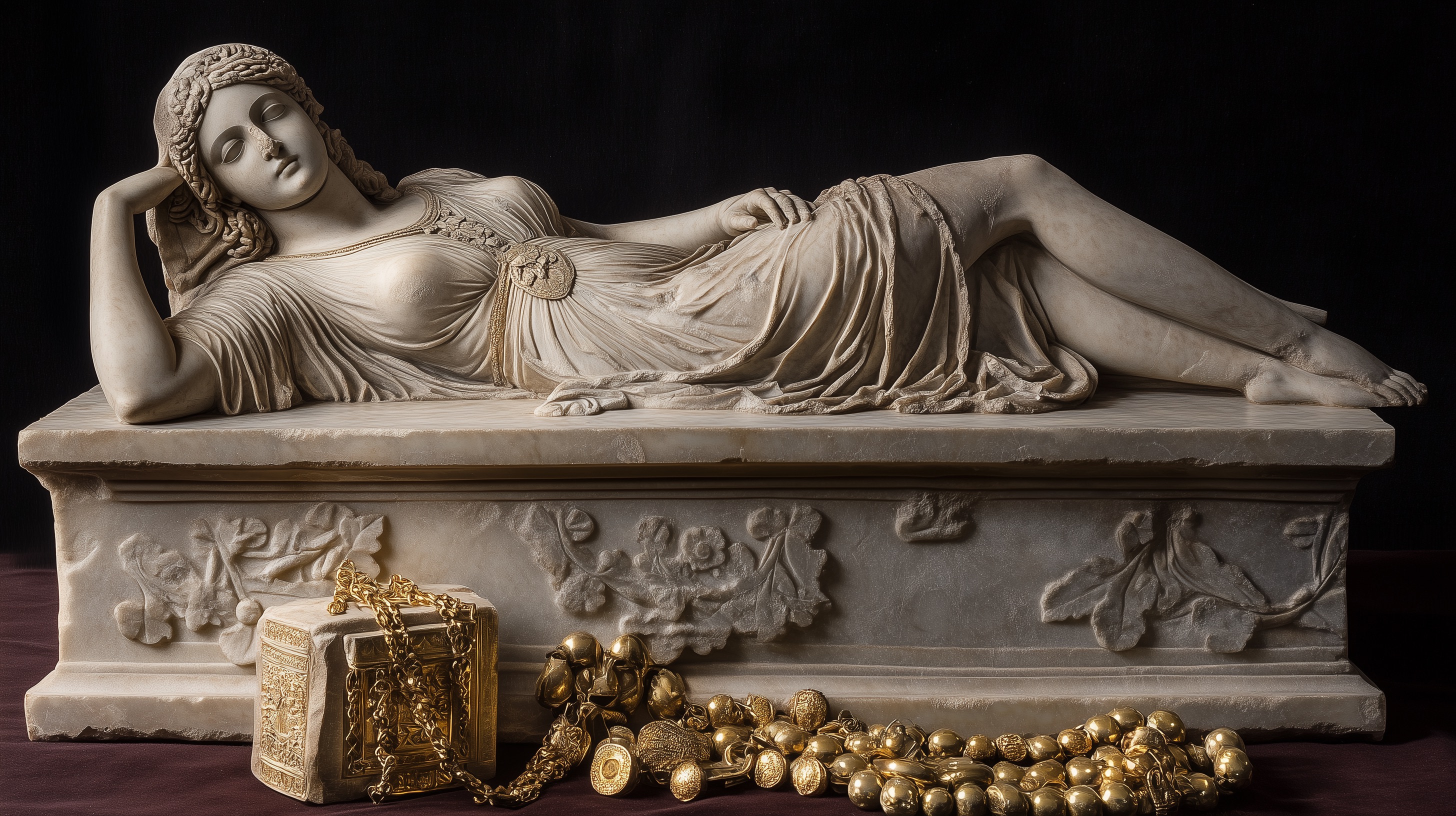 Romeinse sarcofaag met gouden grafgiften