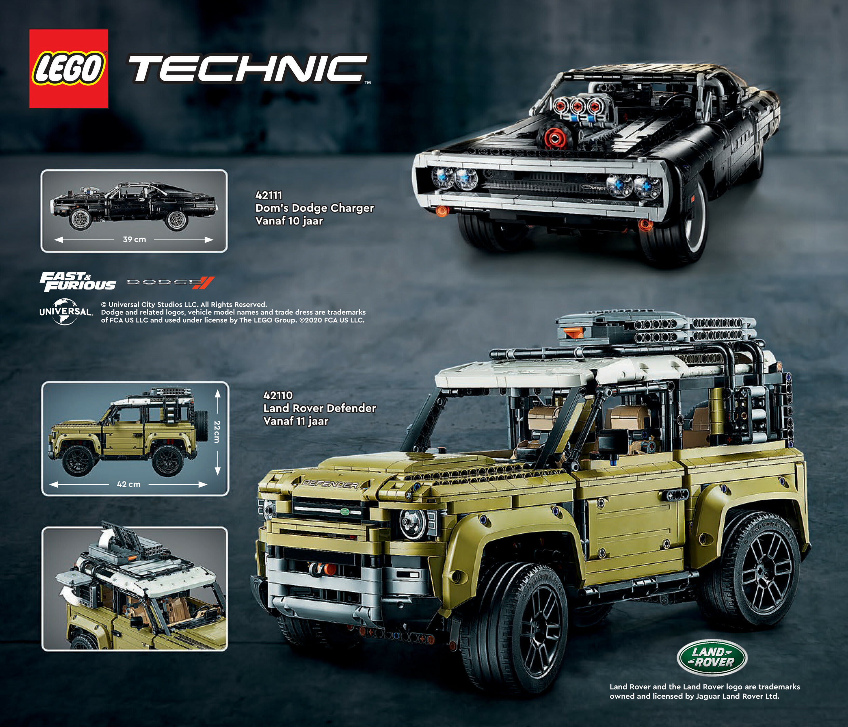 technic, pharger, dom's, dodge, charger, fast&, furious, universal, studios, rights, reserved, related, logos, vehicle, model, names, trade, dress, trademarks, under, license, group, ©2020, oioiio1o, rover, defender, owned, licensed, jaguar