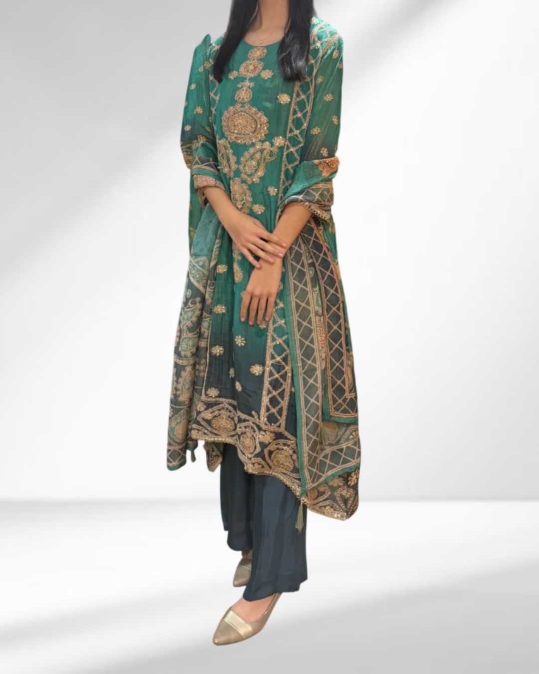 Tissue Shimmer Sea green with aqua blue Suit & Embroidery - 3-Pc