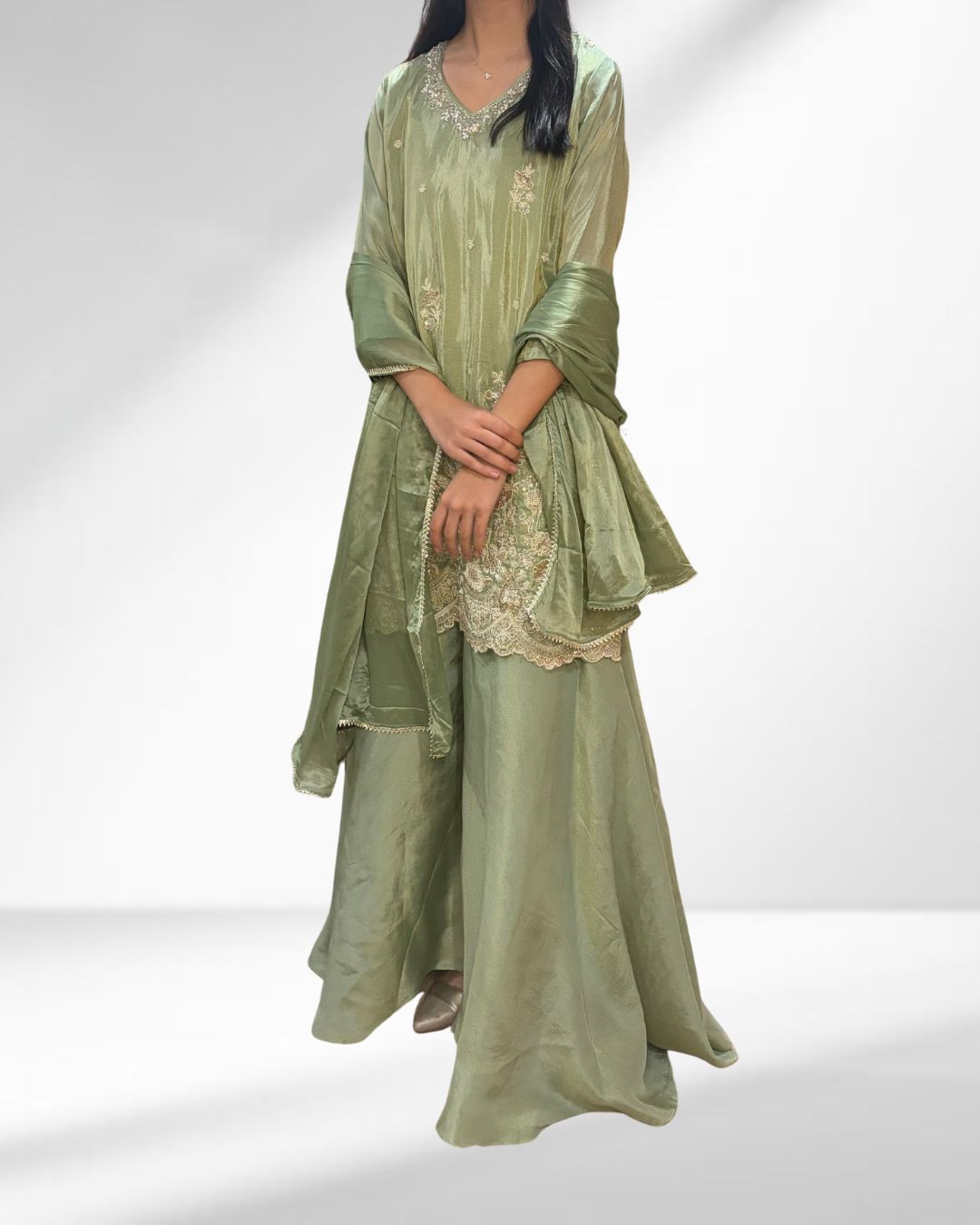 Pista Green Hand-Embroidered Sharara Set with Pearl & Nalki Work