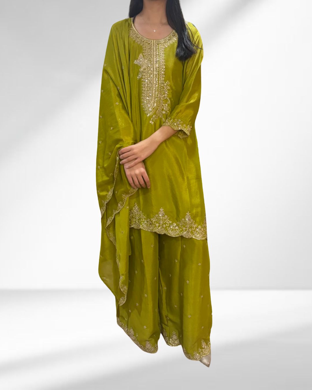 Green Chinon Sharara 3-Pc Set with Embroidered Dupatta