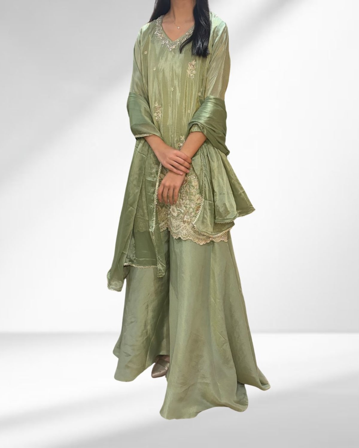 Pista Green Hand-Embroidered Sharara Set with Pearl & Nalki Work