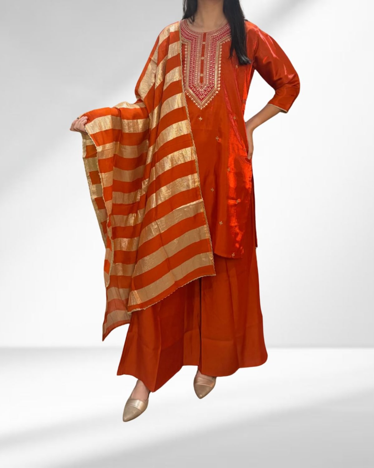 Rust Orange Silk Sharara Set
