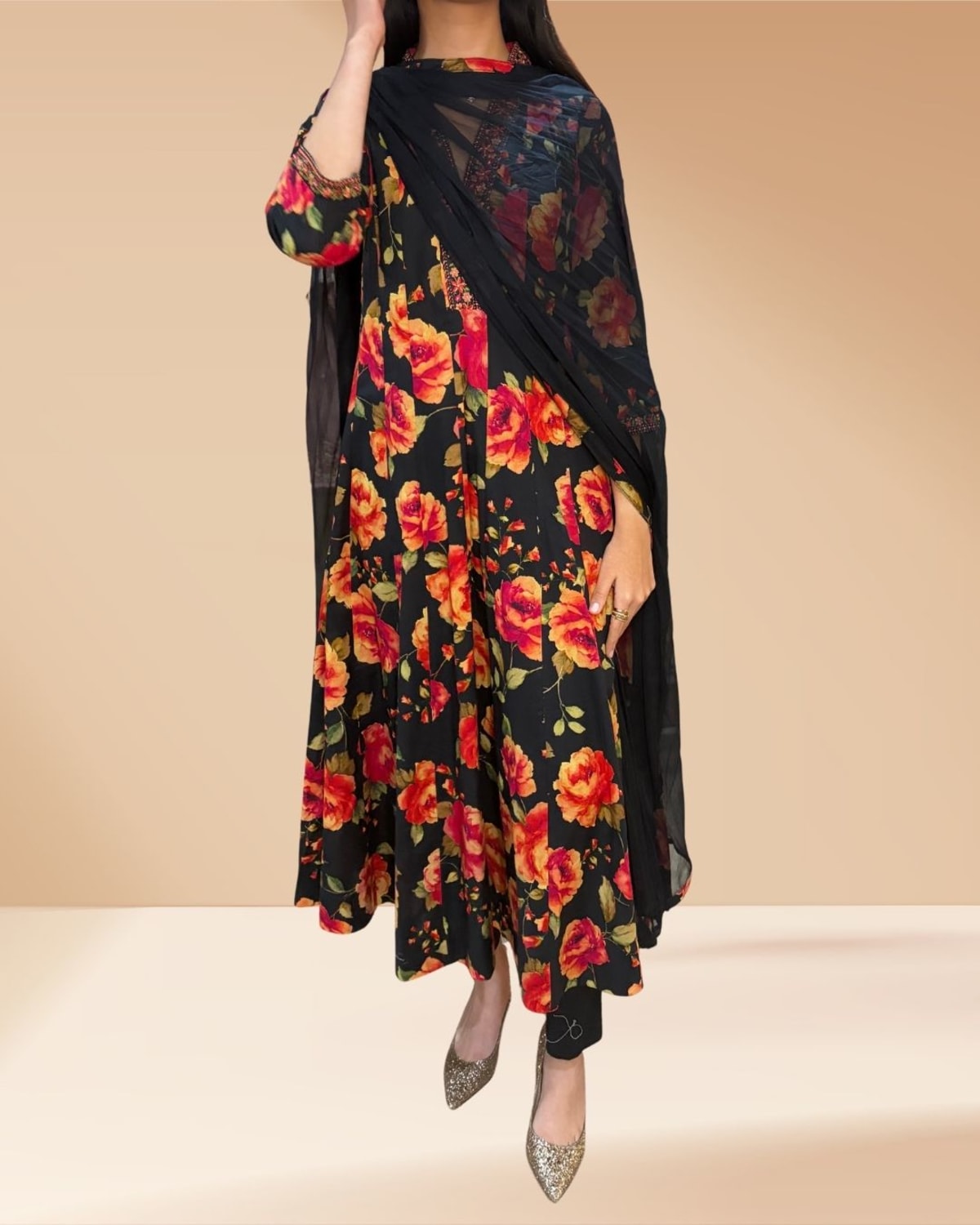 Black Printed Cotton Anarkali - Timeless Ethnic Grace - Premium Breathable Cotton with Intricate Prints - Label By Sana