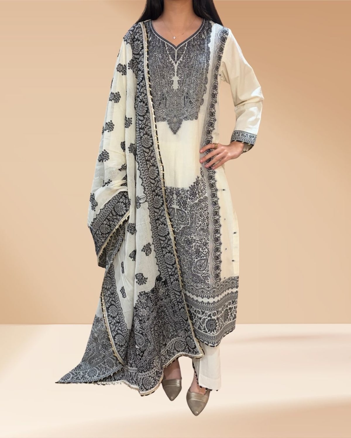White Weaving Suit with Embroidered Neck & Pearl Trousers