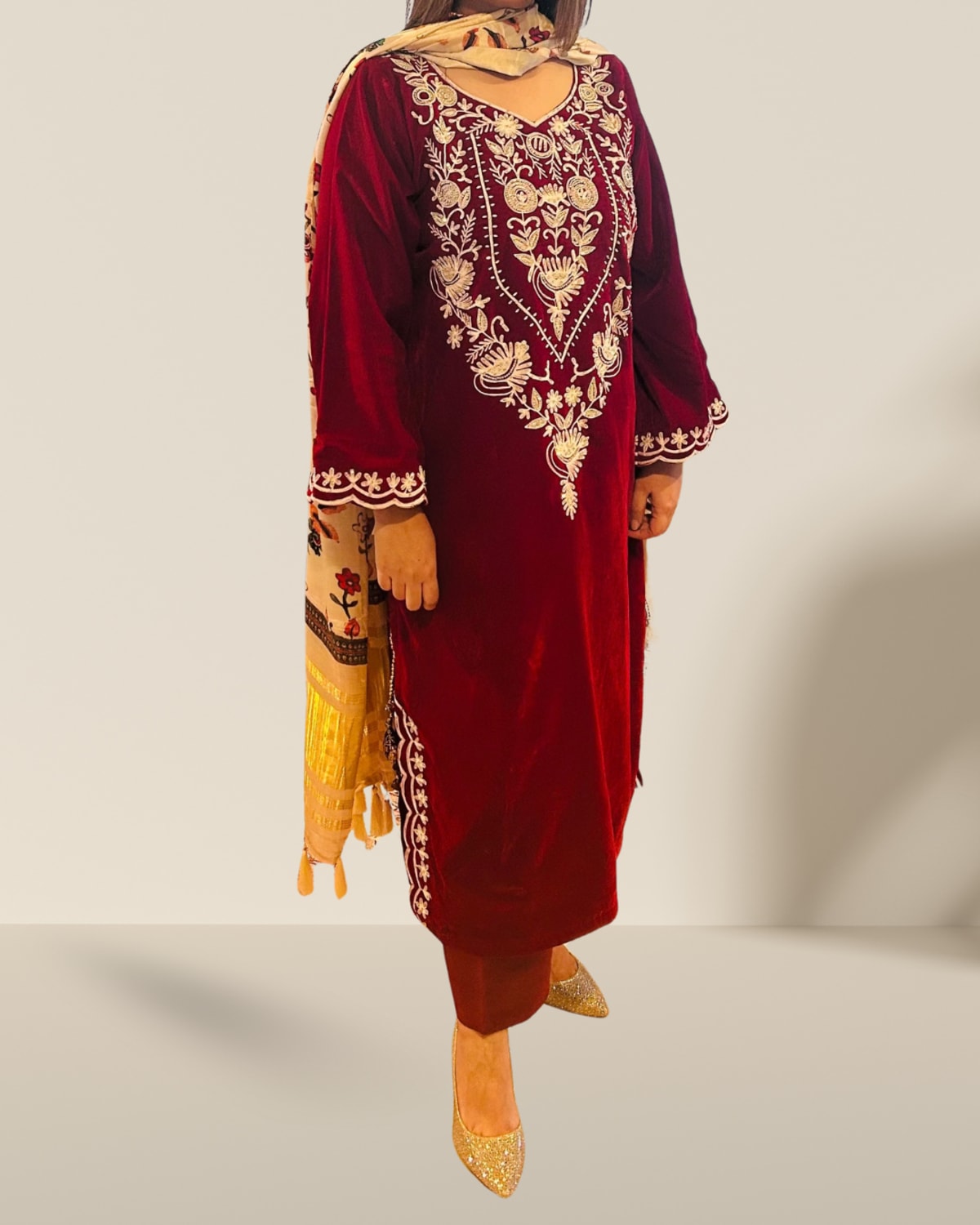 Red Embroidered Velvet Choga Style Kurta Set  - Premium Velvet - Label By Sana
