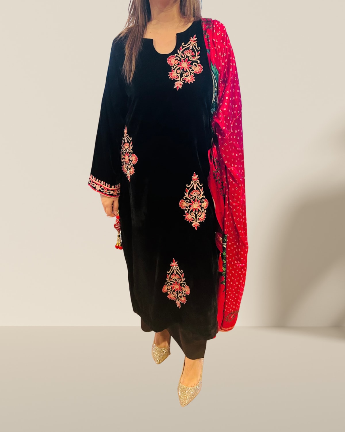 Embroidered Velvet Choga Style Kurta Set with Bandhani Silk Chador - Premium Velvet with Bandhani Silk and Satin Silk - Label By Sana