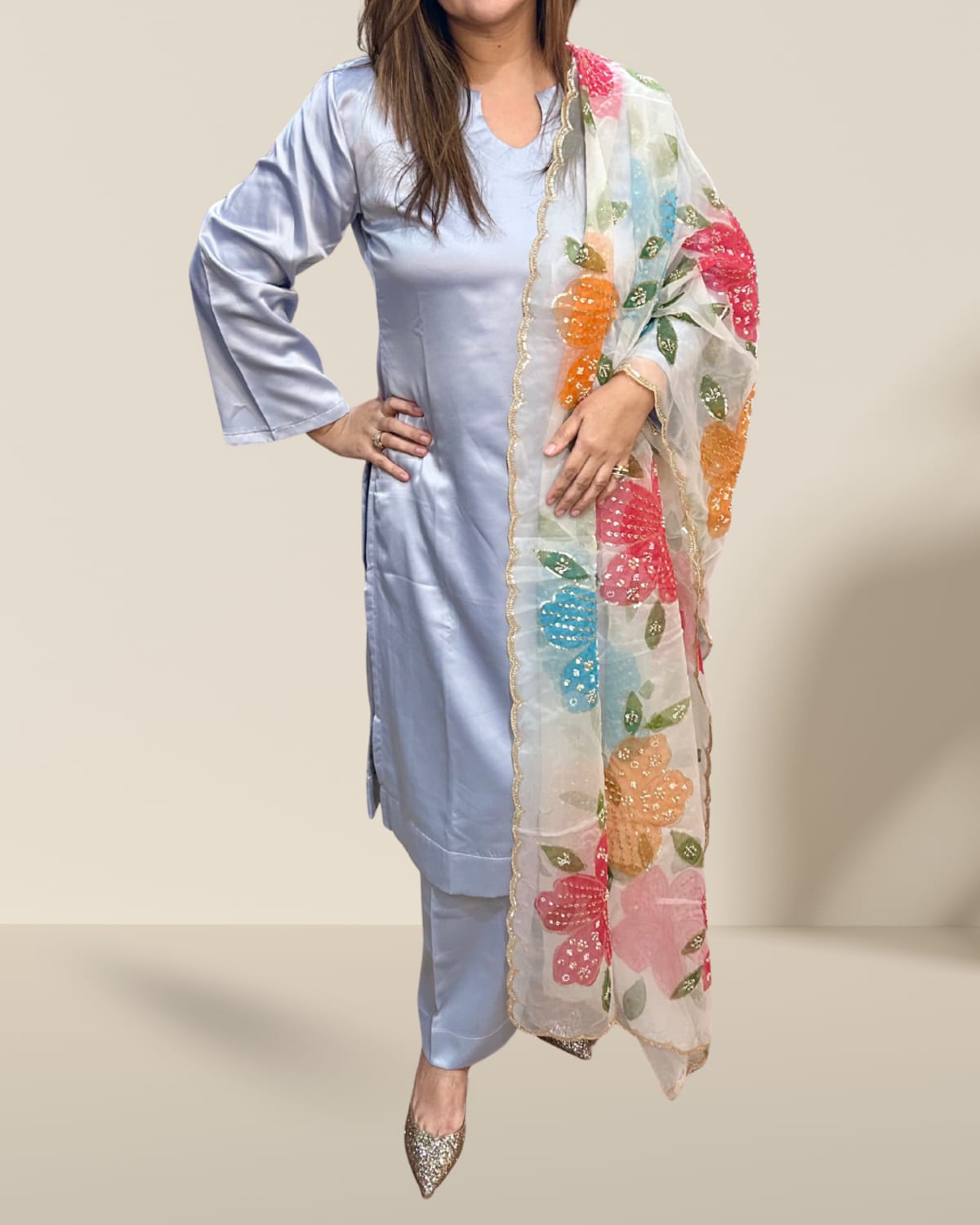 Powder Blue Satin Silk Suit with Handcrafted Floral Dupatta