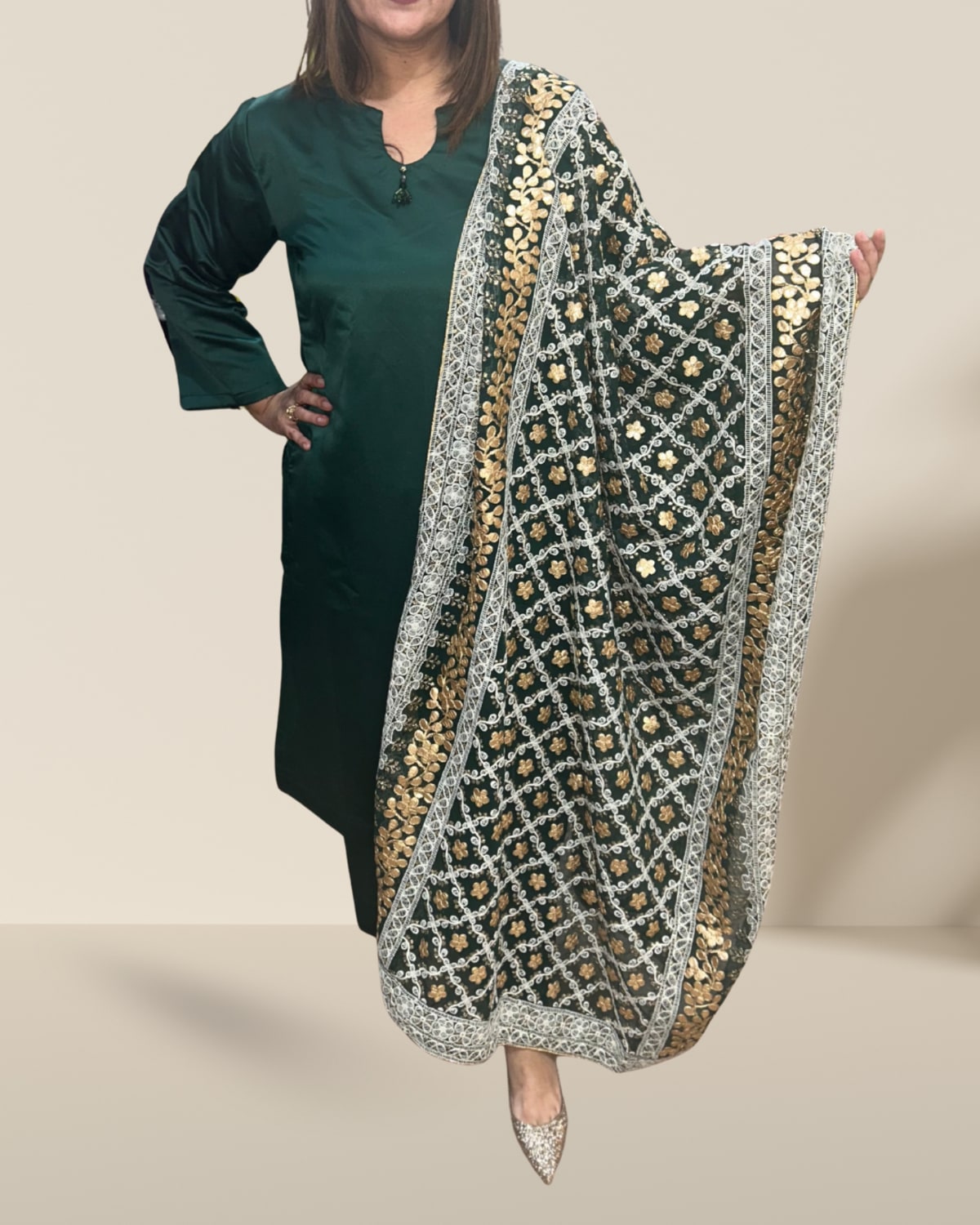 Emerald Green Silk Suit with Gold Embroidered Dupatta
