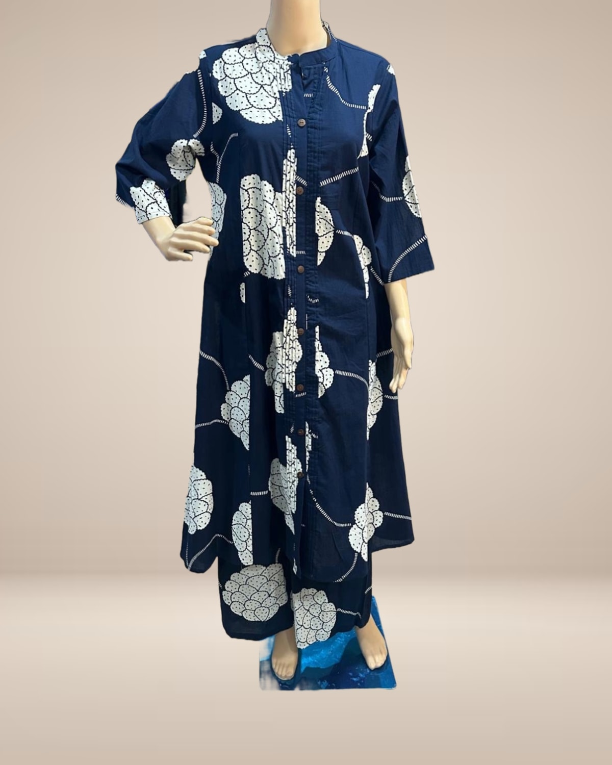 Navy Blue Cotton Block Print Anarkali with Pants - Cotton - Label By Sana