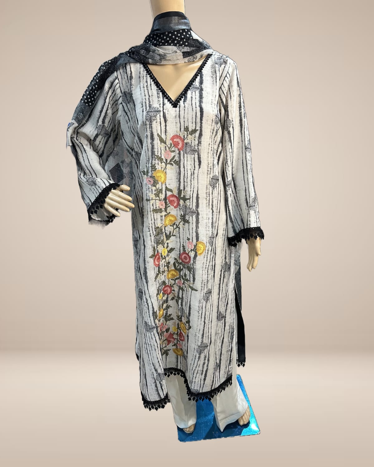 Elegant Monochrome Floral Linen Suit with Printed Dupatta - Cotton Linen  - Label By Sana