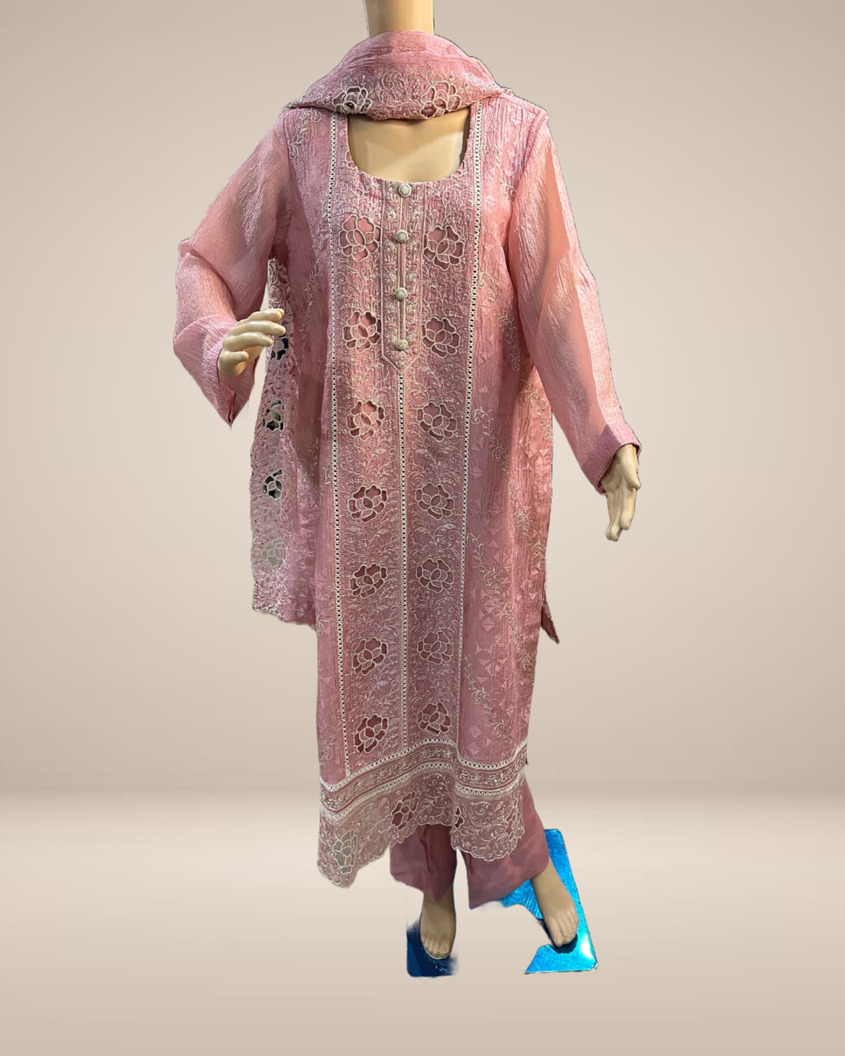 Blush Pink Fully Embroidered Tissue Silk 3-Piece Suit - Tissue Silk - Label By Sana
