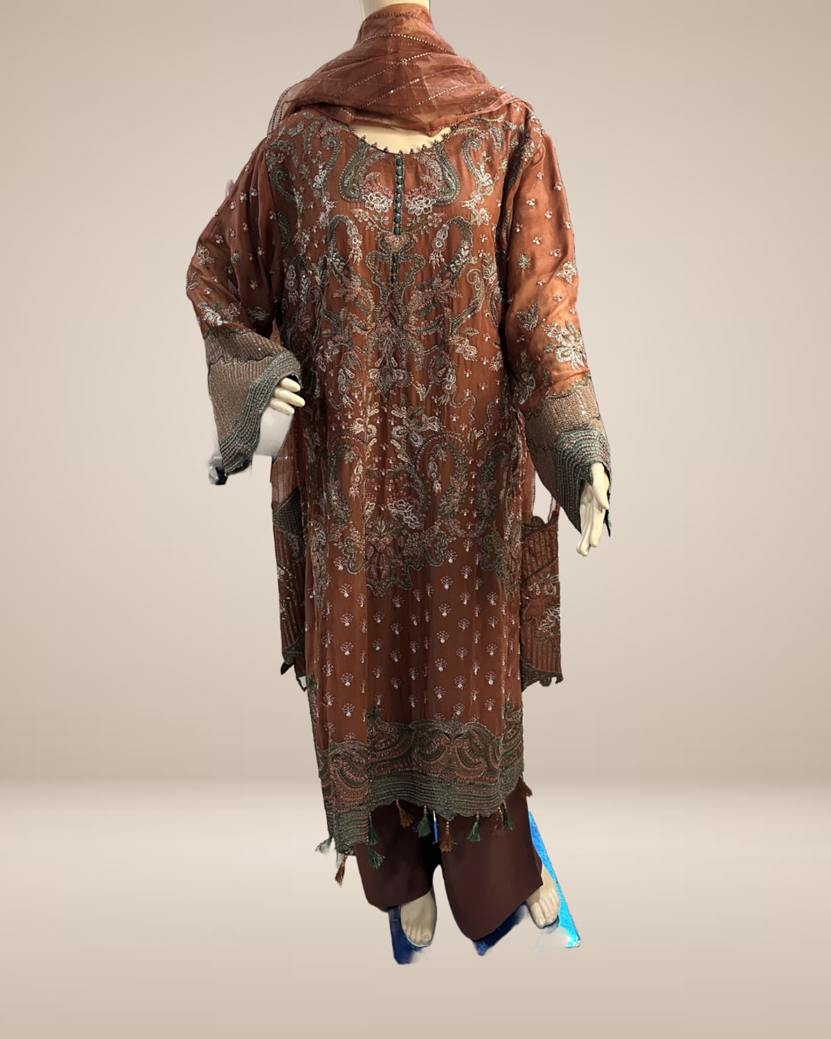 Luxury Rust Embroidered 3-Piece Suit with Chiffon Dupatta - Chiffon  - Label By Sana