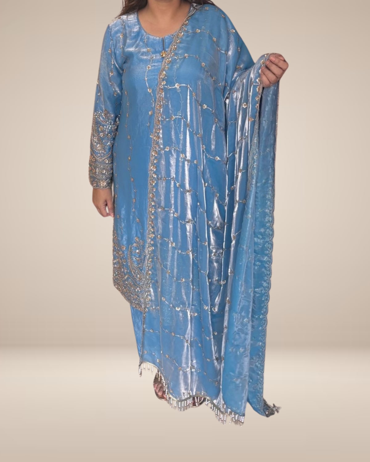 Ice Blue Silk Tissue Heavy Embroidered 3-Piece Suit - Tissue Silk - Label By Sana