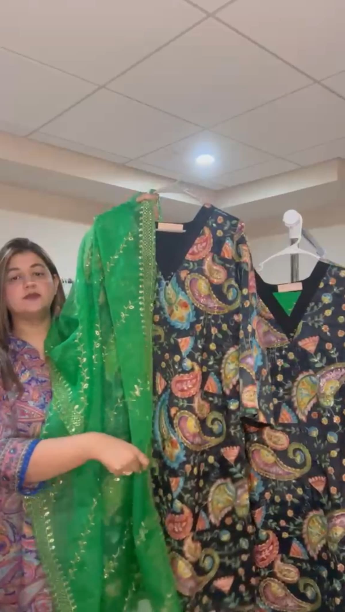 Black Printed Crepe Suit with Green Organza Dupatta