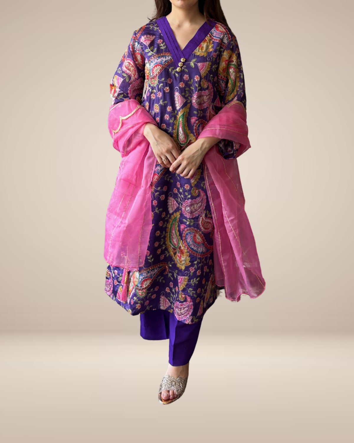 Royal Plum Crepe Suit with Pink Organza Dupatta