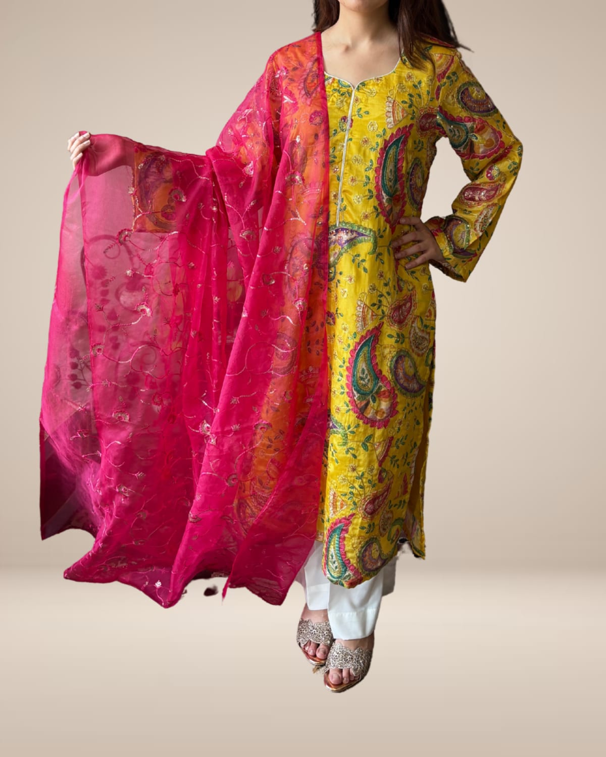 Yellow Digitally Printed Crepe Suit
