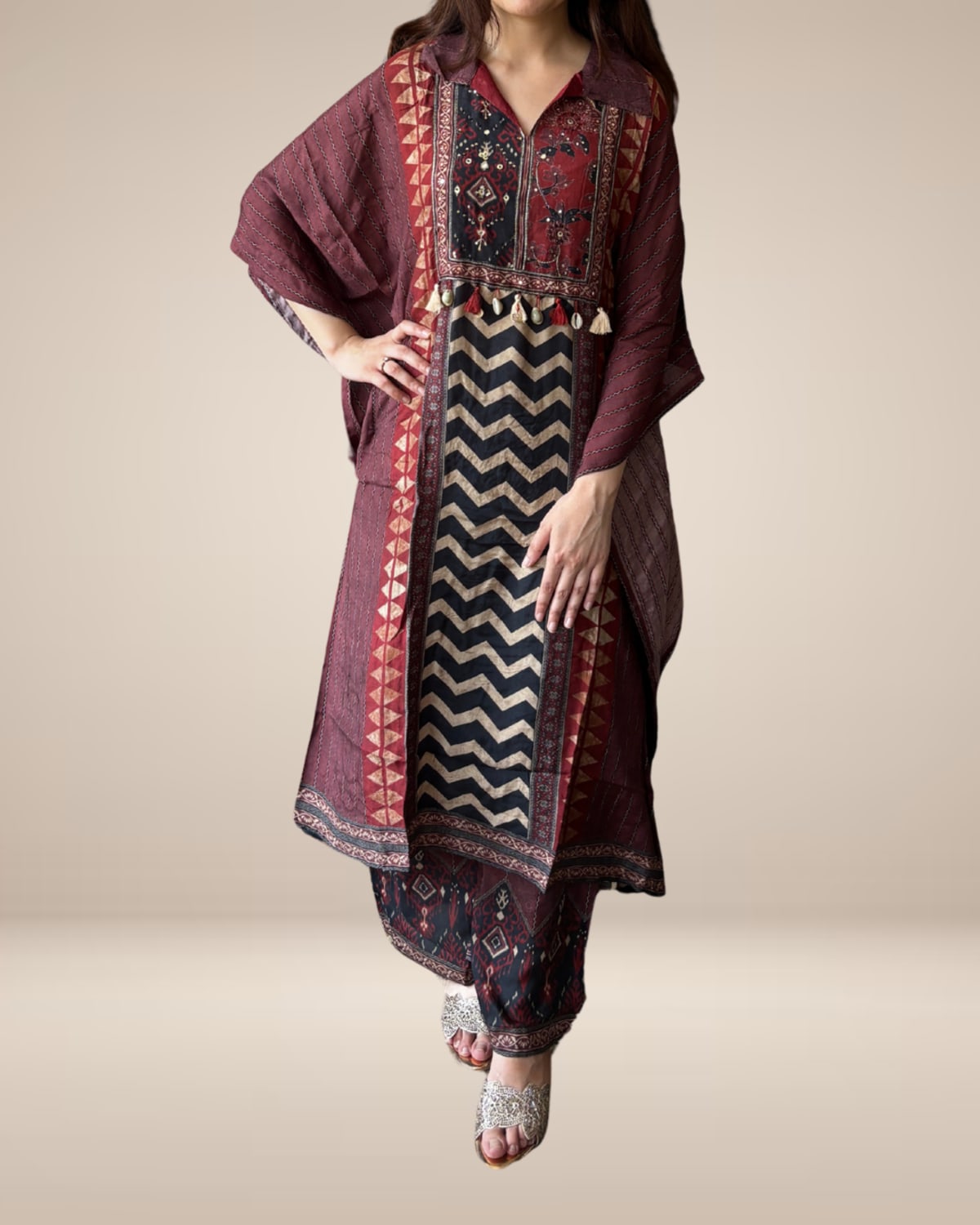 Maroon Printed Modal Muslin Kaftan Set