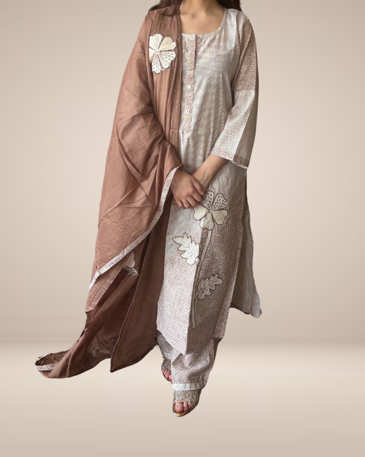 Fawn & Beige Cotton Suit with Appliqué Work and Mulmul Dupatta