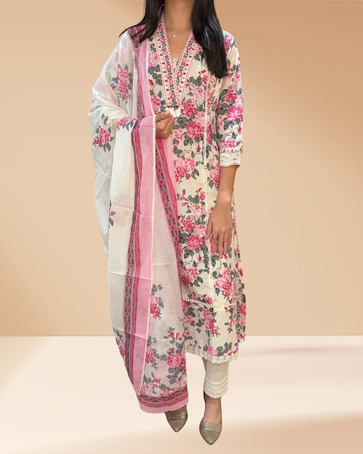 Graceful White & Pink Floral Suit - Spring Chic Collection - Soft Breathable Cotton Blend with Delicate Floral Embroidery - Label By Sana