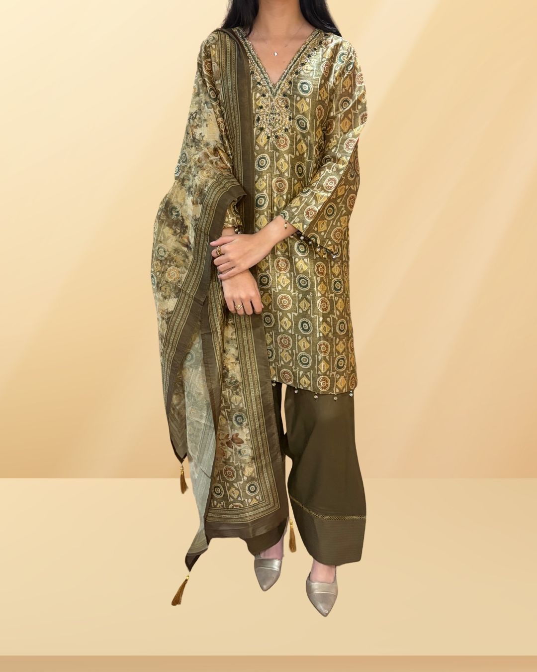 Tussar Silk Farshi Shalwar Set with Pearl Embroidery - Luxurious Tussar silk with intricate embroidery - Label By Sana