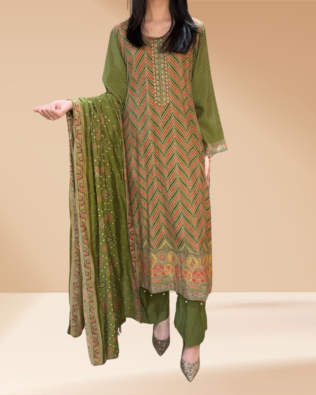 Fully Embroidered Green 3-Piece Suit  - Label By Sana