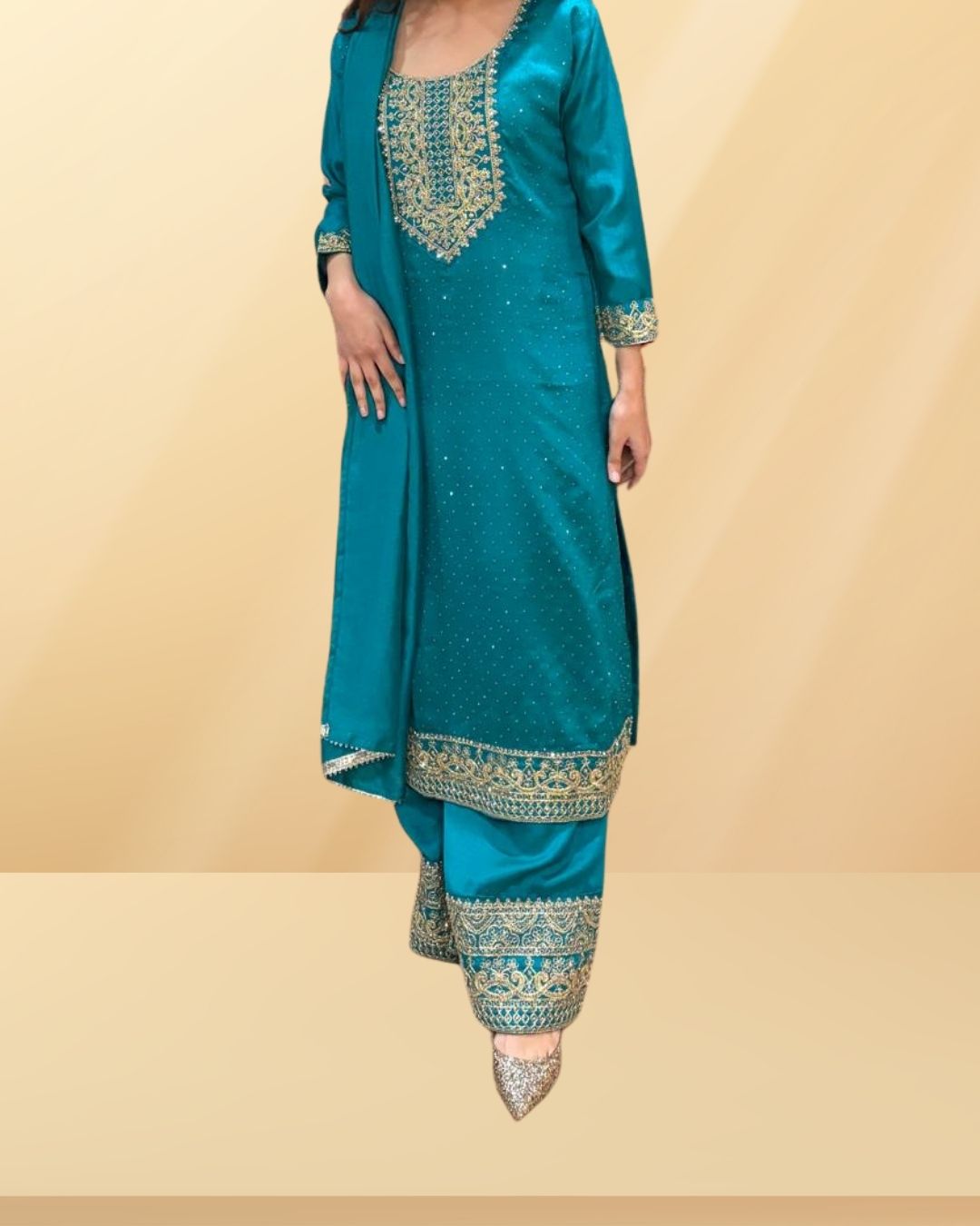 Turquoise Satin 3-Piece Suit  - Satin  - Label By Sana