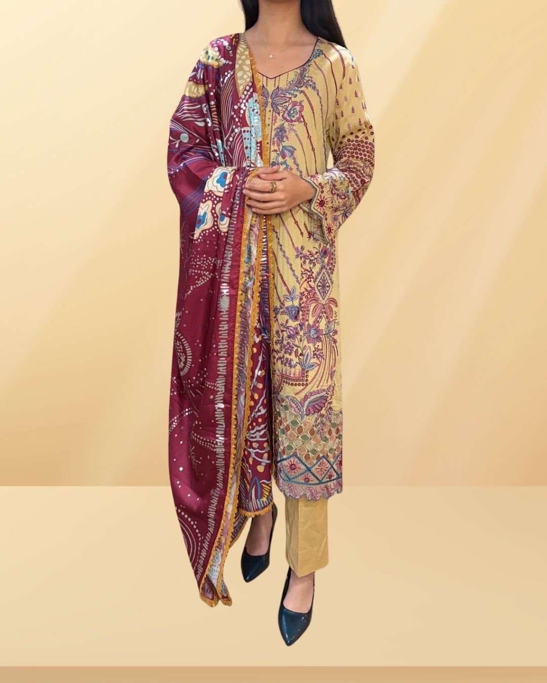 Yellow and Wine Cotton 3-Piece Suit - Label By Sana