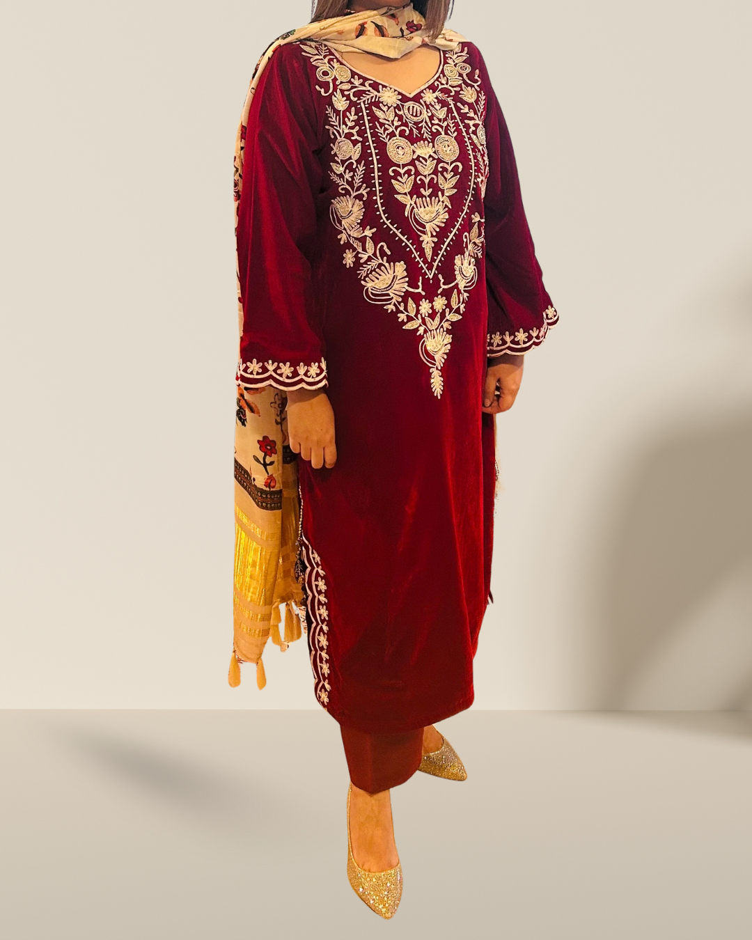 Red Embroidered Velvet Choga Style Kurta Set  - Label By Sana