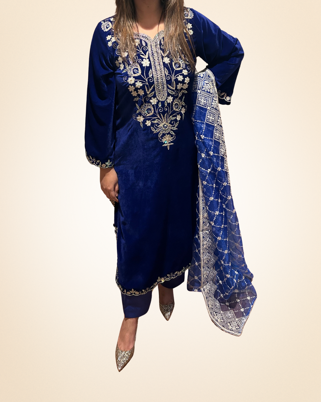 Navy Blue Velvet 3-Piece Suit with Silver Embroidery