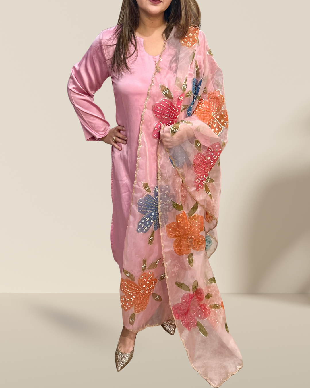 Soft Pink Satin Silk Suit with Hand-Painted Dupatta