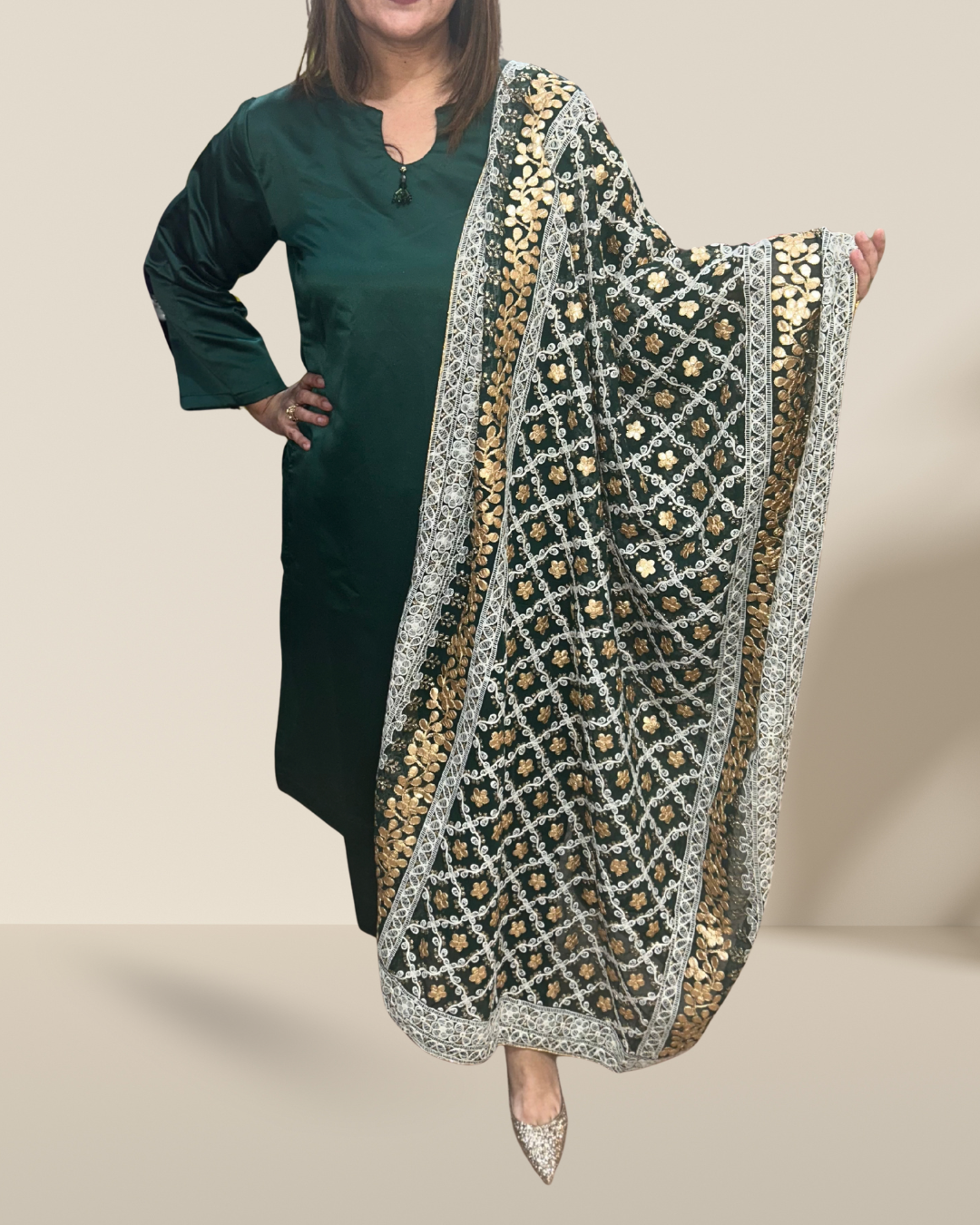 Emerald Green Silk Suit with Gold Embroidered Dupatta