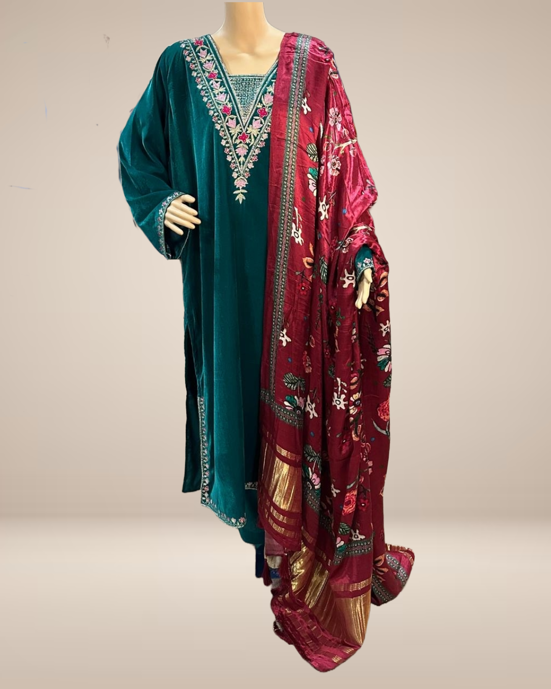 Turquoise Velvet Choga Style Set