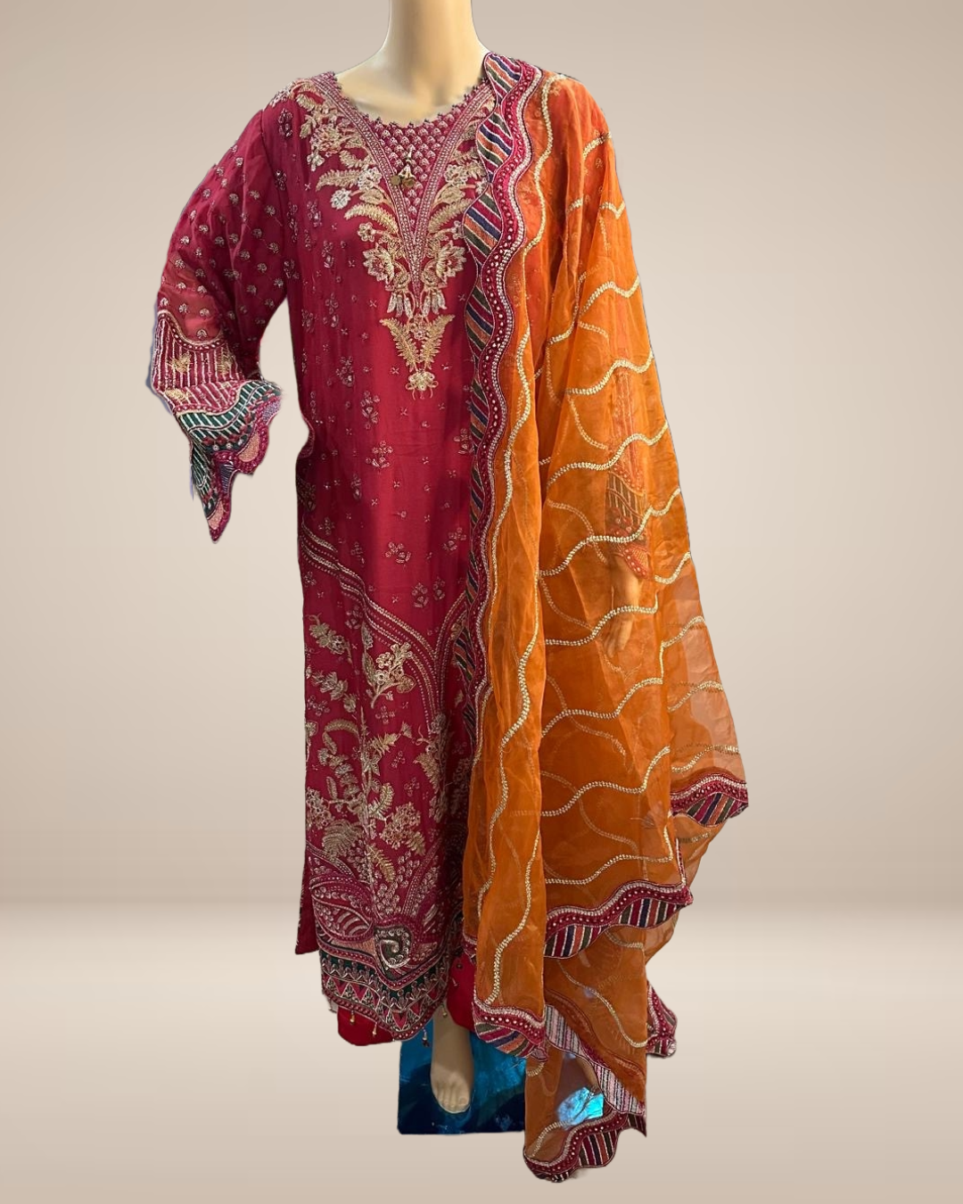 Maroon Velvet 3-Piece Suit with Contrast Rust Dupatta