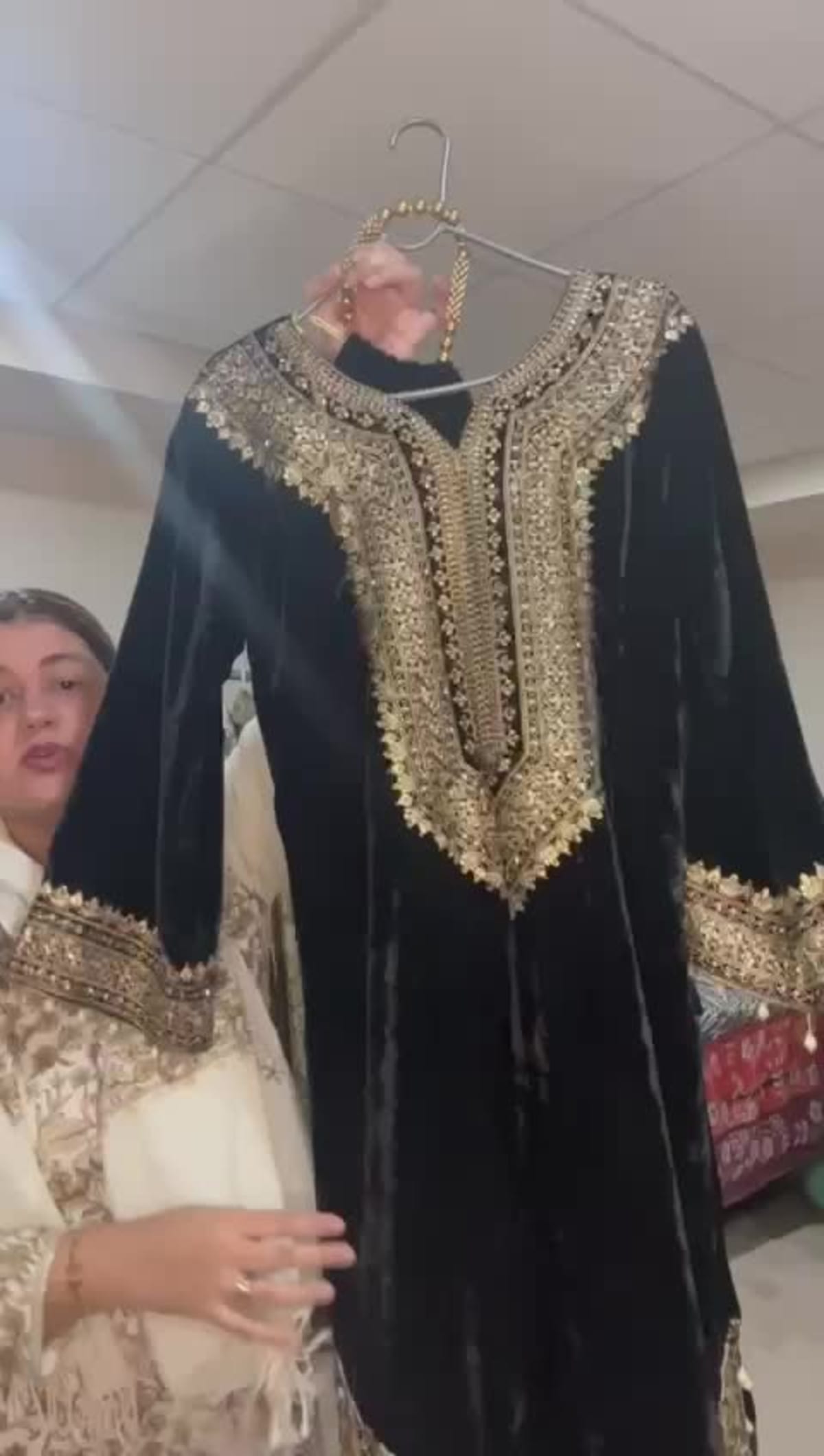 Elegant Black Velvet Kaftan with Full Body Embroidery