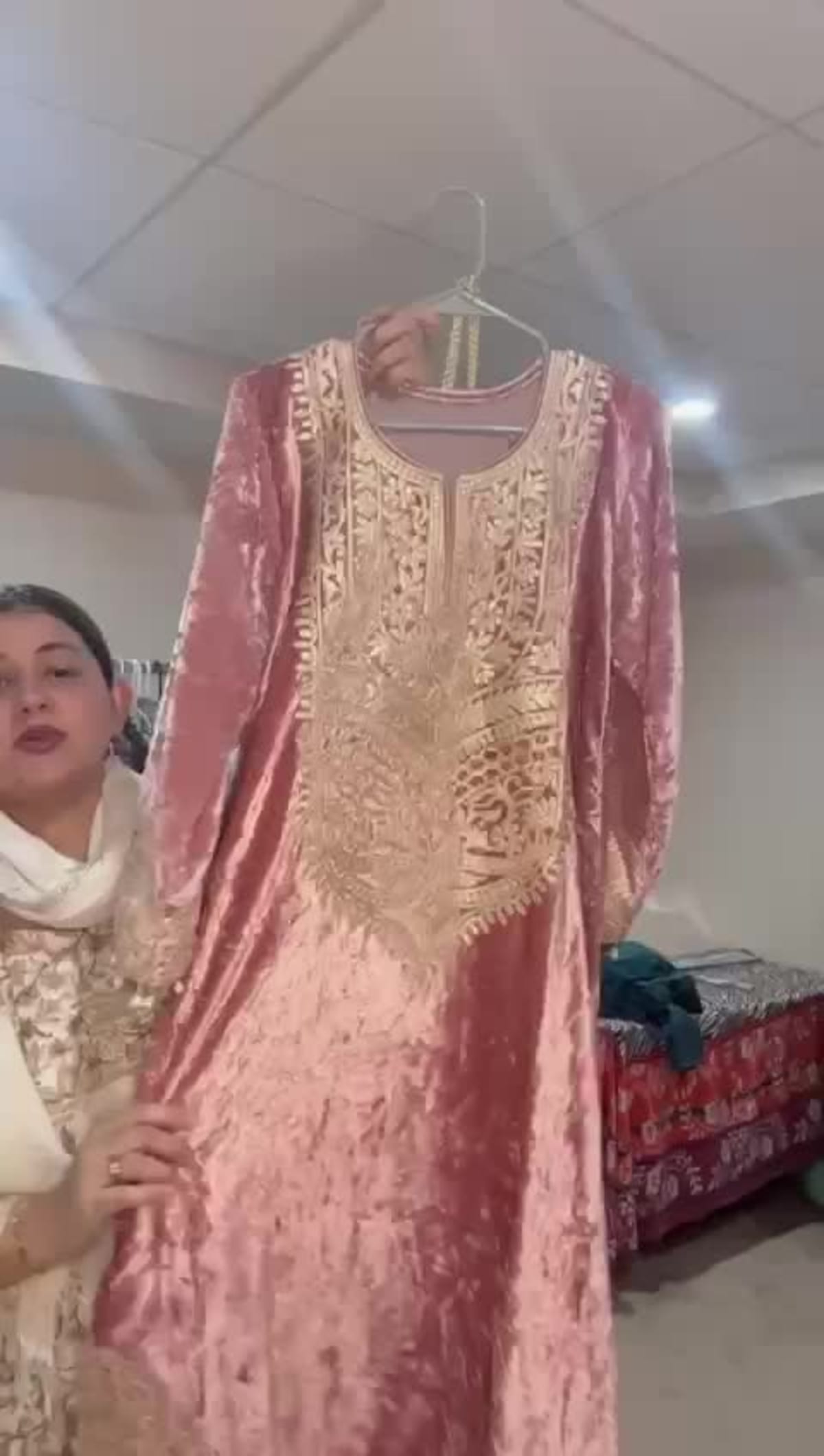 Elegant Ice Long Velvet Kaftan Kurta Pearl-Embellished Set