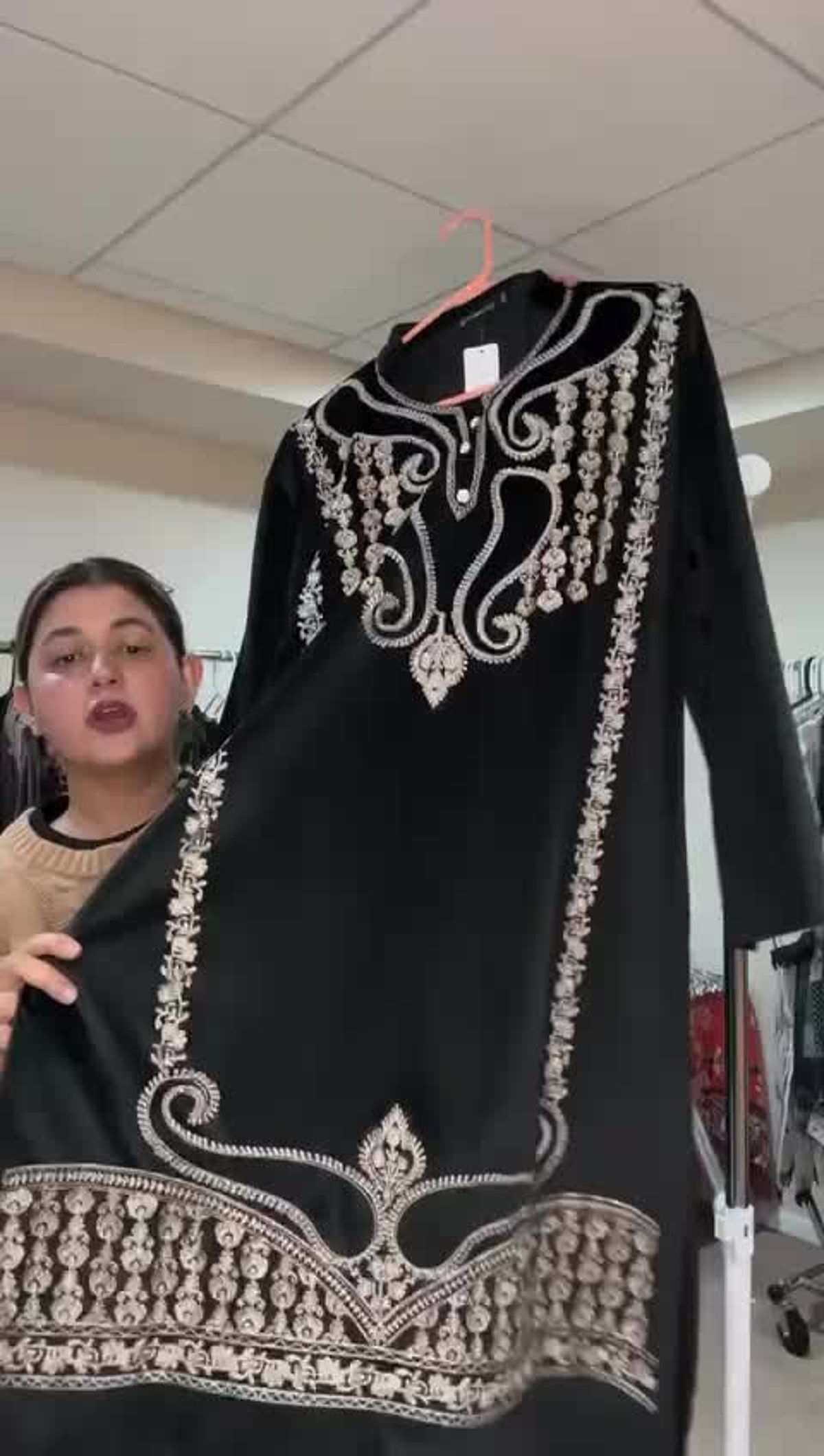 Black Velvet 3-Piece Suit with Embroidered Stole & Border - Plus Size