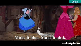 gif of two fairies in an argument about whether a dress should be blue or pink.