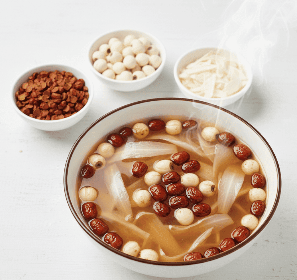 Bol de décoction Suan Zao Ren et ingrédients