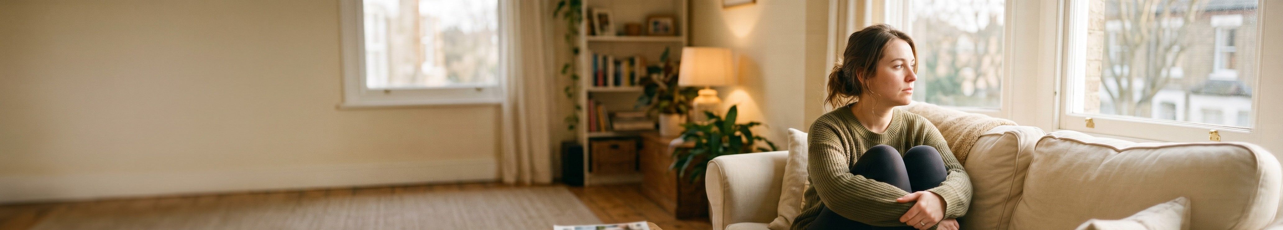 Femme fatiguée sur un canapé regardant par la fenêtre