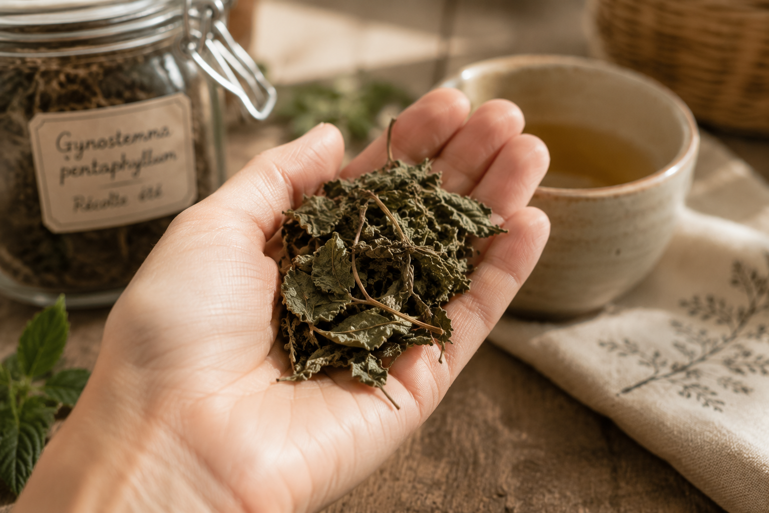 Une poignée de feuilles séchées, prêtes pour l'infusion du matin