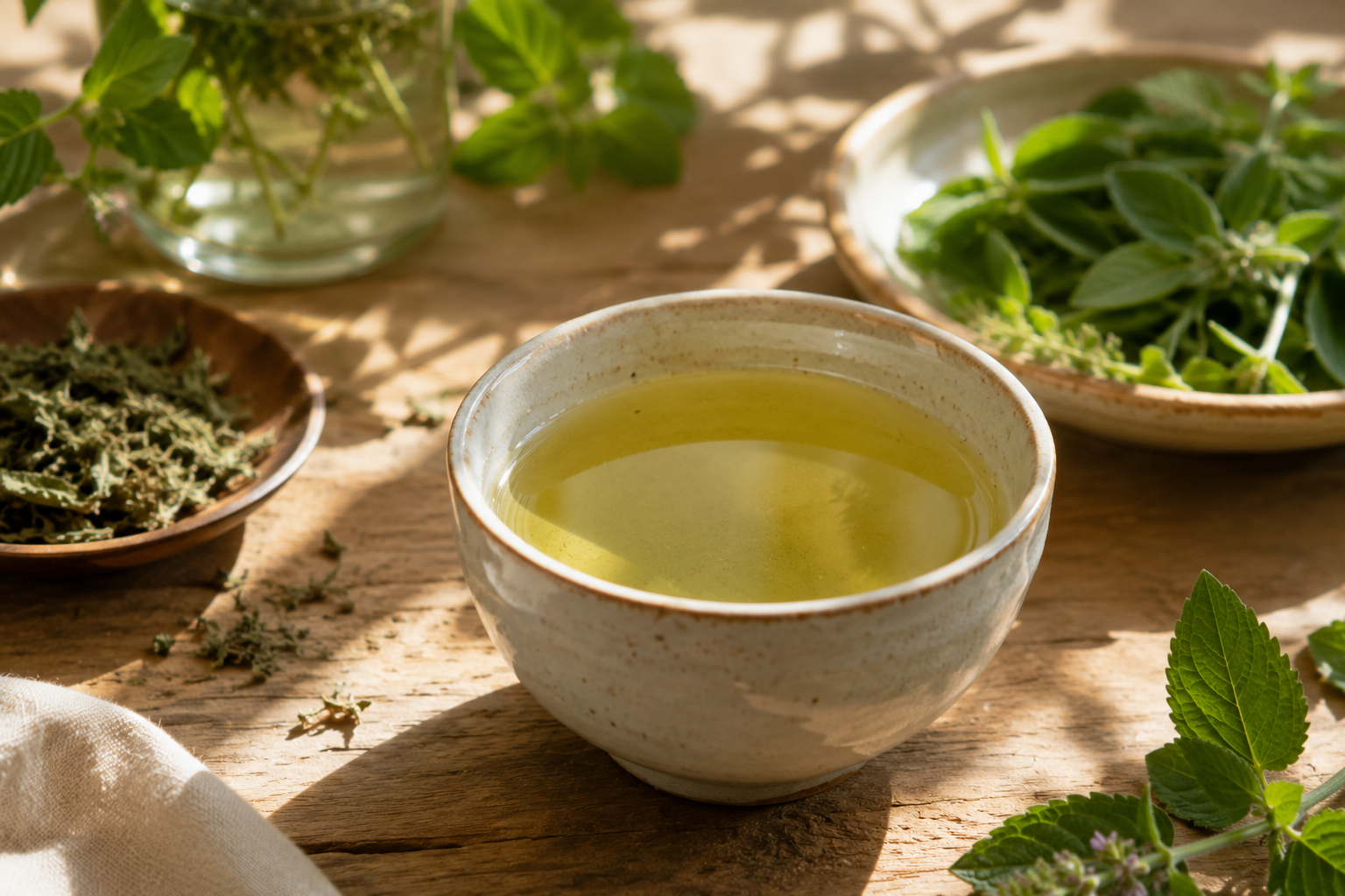 Une tasse d'infusion verte et claire, posée sur la table