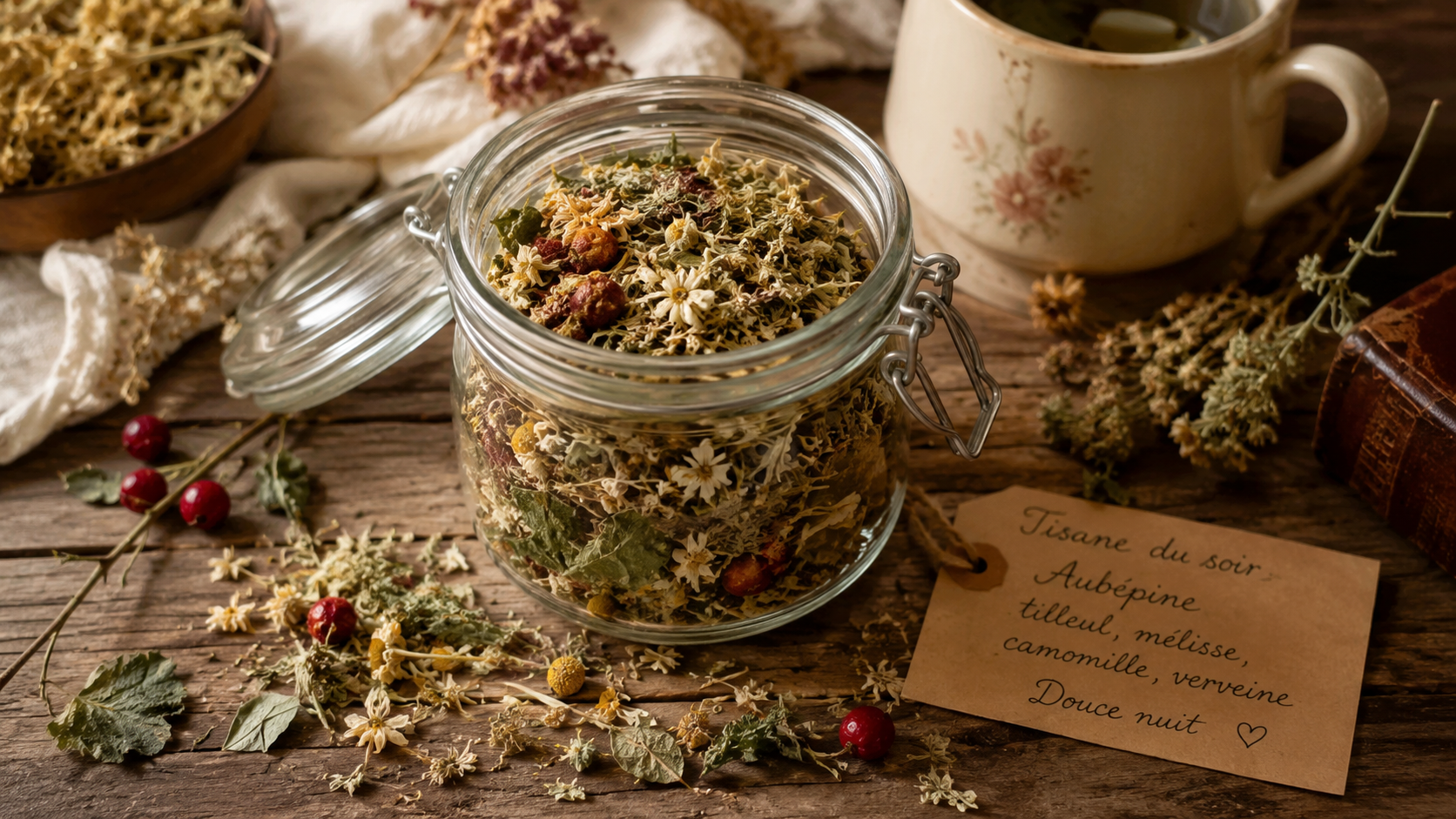 Un mélange de fleurs et de plantes séchées, prêt pour la tisane du soir