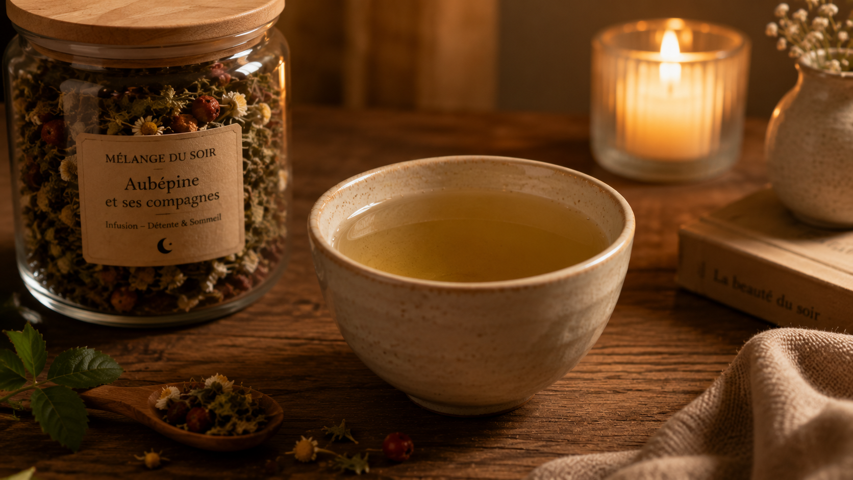 Une tasse d'infusion tiède posée sur la table du soir