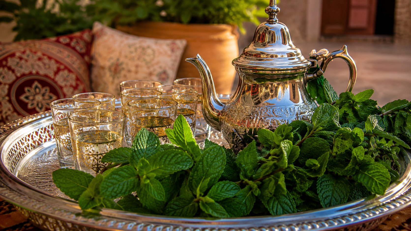 Un plateau de thé à la menthe marocain, théière argentée et verres dorés